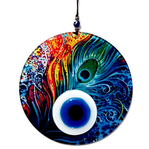 Füzyon Cam Tavus Kuş Tüyü Desenli 16 Santimetre Çapında El Yapımı Duvar Süsü Nazarlık