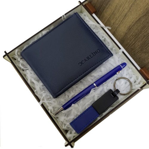  Mavi Cüzdan Kalem ve Deri Mavi Anahtarlık Set