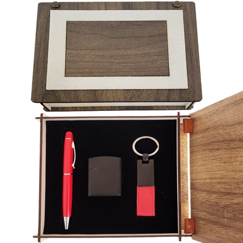  Özel Ahşap Kutulu Kırmızı Kalem Anahtarlık ve Çakmak Set