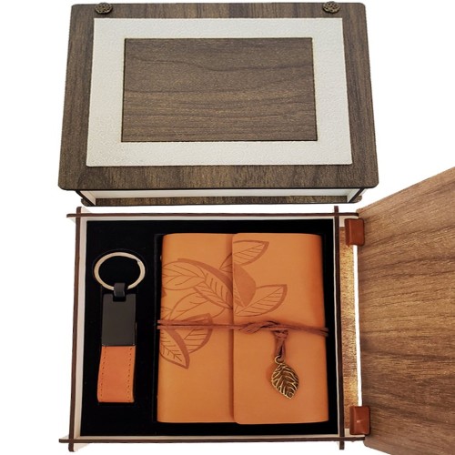  Özel Ahşap Kutulu Taba Deri Defter ve Anahtarlık Set