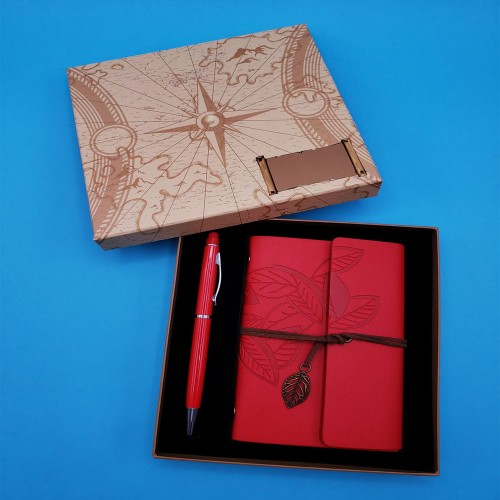 Özel Tasarım Kutulu Kırmızı Deri Defter ve Kırmızı Kalem Set 