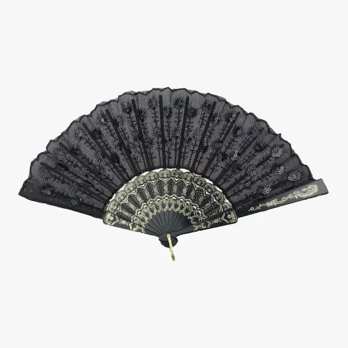 Siyah Plastik Pullu Kumaş Yelpaze 12'li