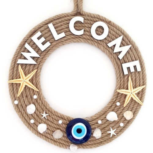 Jüt İpten Deniz Yıldızlı Nazar Boncuklu İncili Deniz Yıldızlı Welcome Yazılı Kapı Süsü