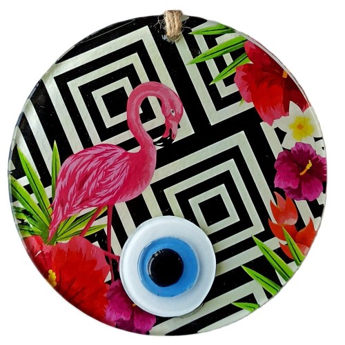 Pembe Flamingolu Çiçekli Nazar Boncuklu 15 Santimetre Çapında Duvar Süsü