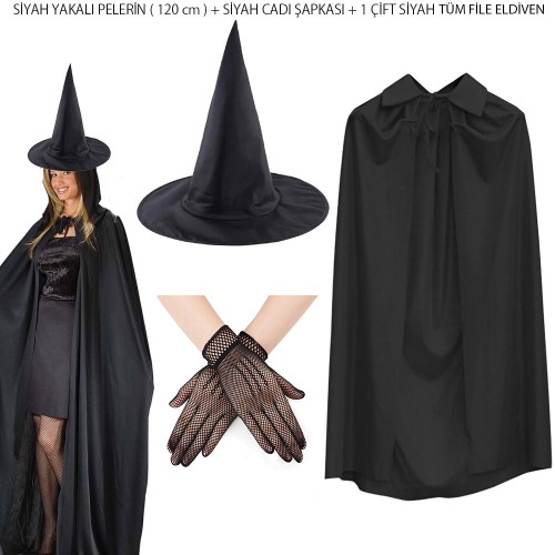 120 cm Siyah Yakalı Cadı Pelerini Cadı Şapkası ve 1 Çift Siyah Kısa File Tüm Eldiven Seti 3 Parça