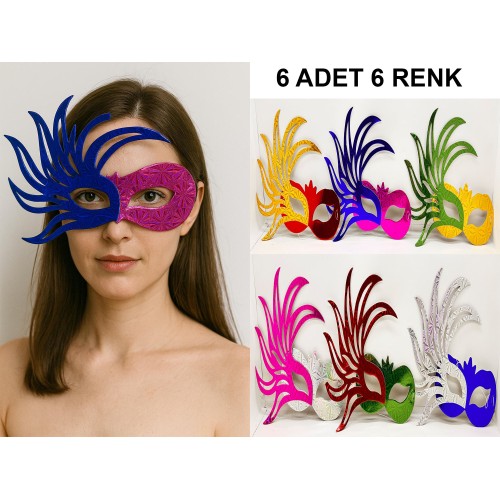 6'lı Renkli Balo Maskesi Seti | Karton &amp; Lastikli (Yetişkin-Çocuk Uyumlu)
