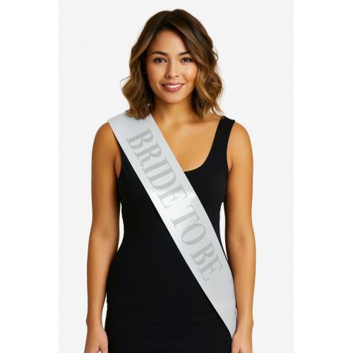 Beyaz Saten Üzerine Kalın Gümüş Yazılı Bride To Be Kuşağı 10 cm Genişlik