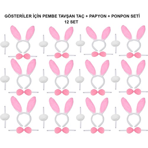 Pembe Tavşan Kostüm Seti – Taç, Papyon, Ponpon (12’li Paket)