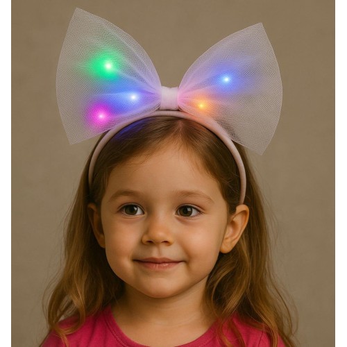 Rengarenk Led Işıklı Fiyonk Şekilli Tül Parti Tacı Beyaz Renk 25x25 cm