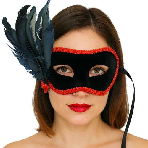 Siyah Renk Yandan Tüylü Siyah Süet Kaplama Parti Balo Maskesi 21x20 cm