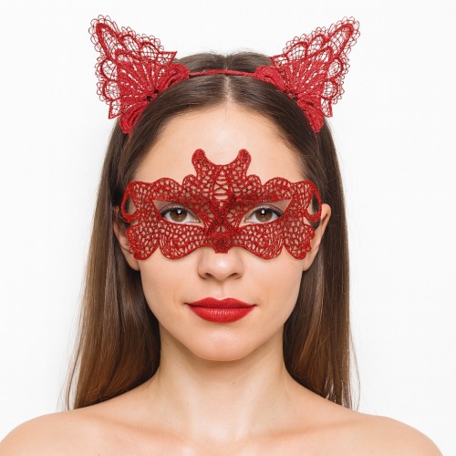 Ateş Kırmızısı Dantel Taç ve Maske Seti 10 No - Maskeli Balo &amp; Özel Gün Seti
