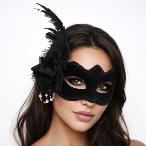 Beyaz İnci Detaylı Siyah Süet Venedik Kadın Maskesi Tüylü Güllü