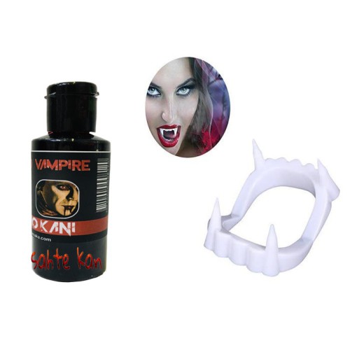Beyaz Renk Çift Damak Takma Vampir Dişi ve 50 gr Tiyatro Kanı