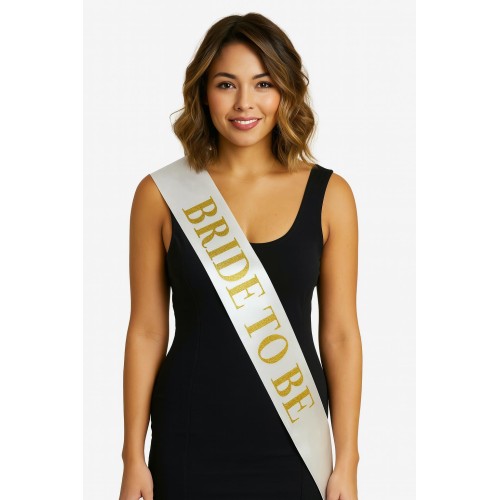 Beyaz Saten Üzerine Kalın Altın Yazılı Bride To Be Kuşağı 10 cm Genişlik