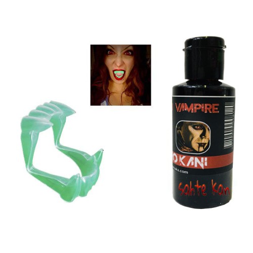 Fosforlu Çift Damak Takma Vampir Dişi ve 50 gr Tiyatro Kanı