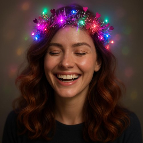 Kalp Püsküllü Gece Parıltısı 3 Modlu LED'li Işıklı Taç Fuşya Renk