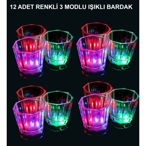 LED Işıklı Eğlence Bardakları - 3 Modlu Renk Değiştiren Bardak 12 Adet