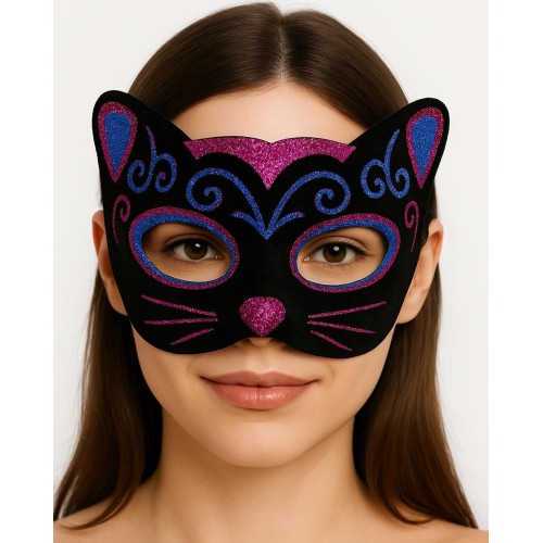 Siyah Kadife Kaplama Üzeri Pembe Mavi Sim İşlemeli Kedi Maskesi 20x13 cm