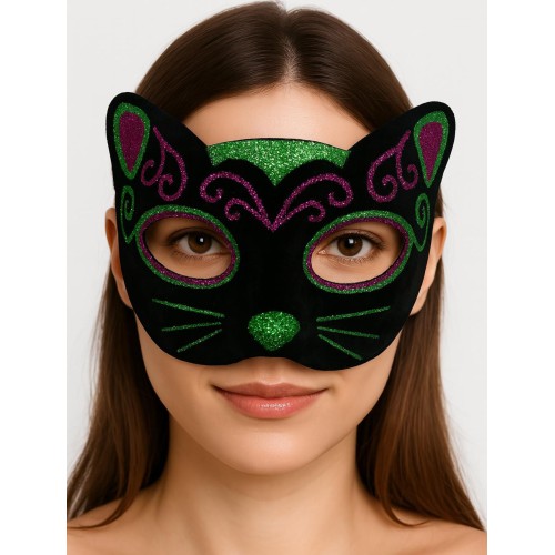 Siyah Kadife Kaplama Üzeri Pembe Yeşil Sim İşlemeli Kedi Maskesi 20x13 cm