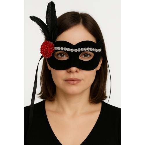 Siyah Renk Süet Kaplama Gümüş Dantelli Kırmızı Gül Tasarımlı Parti Maskesi 18x20 cm