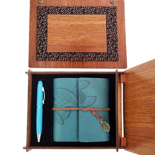  Ahşap Kutulu Mavi Deri Defter Kalem Seti
