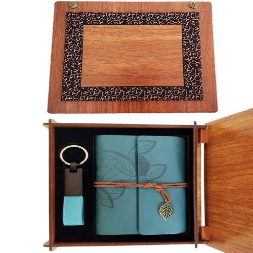  Ahşap Kutulu Mavi Deri Defter ve Anahtarlık Set