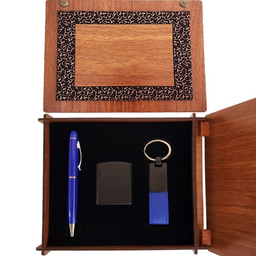  Ahşap Kutulu Mavi Kalem Anahtarlık ve Çakmak Set