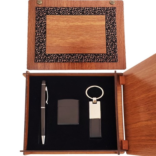  Ahşap Kutulu Siyah Kalem Anahtarlık ve Mat Çakmak