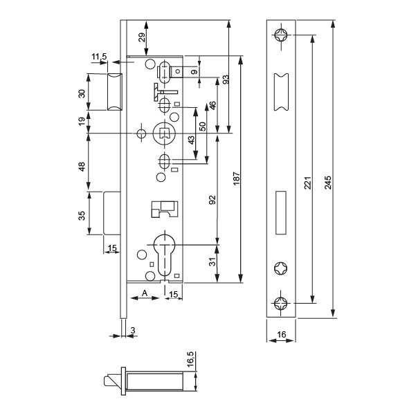Hafele Dar Gömme Kilit Barelli Tip (PC) Sol 35/16mm Mat Paslanmaz Çelik Renk