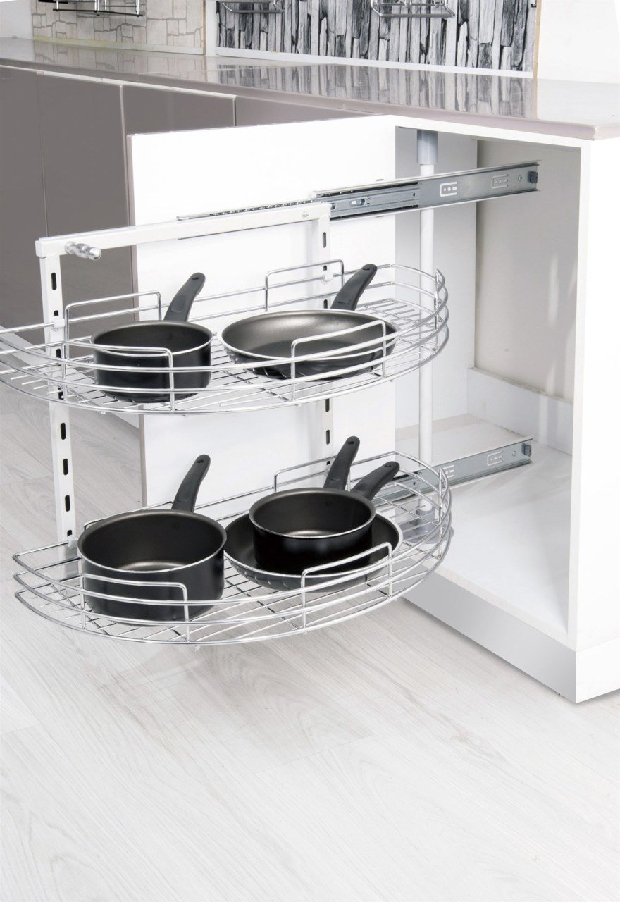 Oscar 1/2 Kör Köşe Raylı İkili Döner Sepet, Krom Modül 500