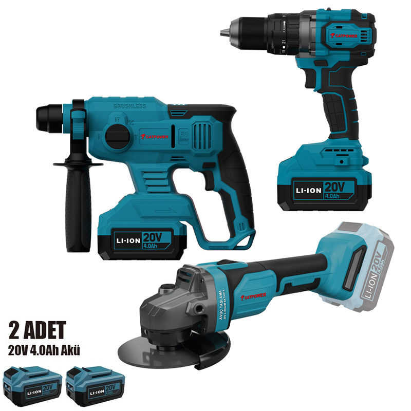 KÖMÜRSÜZ AKÜLÜ SET : VİDALAMA, KIRICI, TAŞLAMA  20V Lİ-İON 4.0 AH