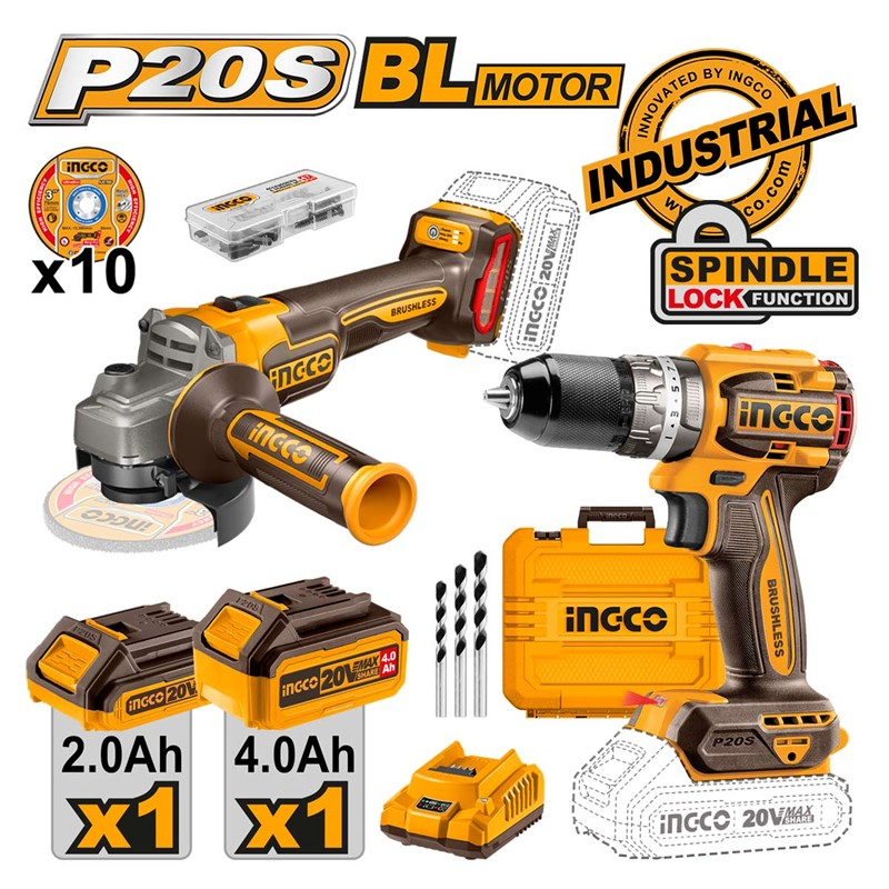 Kömürsüz Li-ion Akülü 2 li Kombo Set - Matkap ve Avuç Taşlama  20V 2.0/4.0 Ah