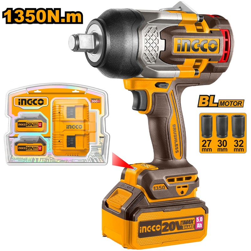Li-ion Kömürsüz Akülü Somun Sıkma 3/4" 20V 1350Nm + Li-ion Akü ve Şarj Cihazı Seti 20V 5.0Ah (ING-FBCPK2513E)