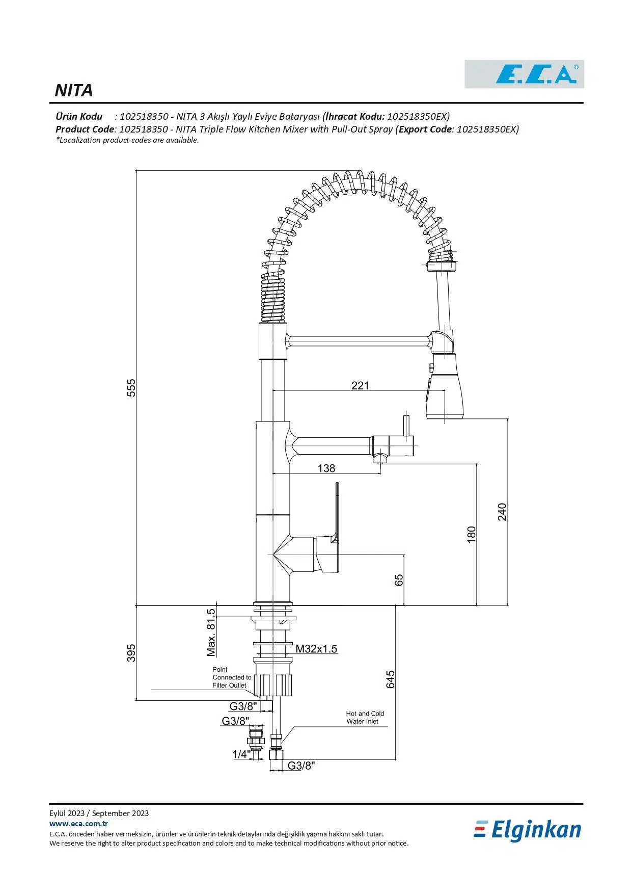 Eca Nita Üç Akışlı Arıtmalı Mutfak Bataryası (Paslanmaz Çelik Görünümlü) 102518350