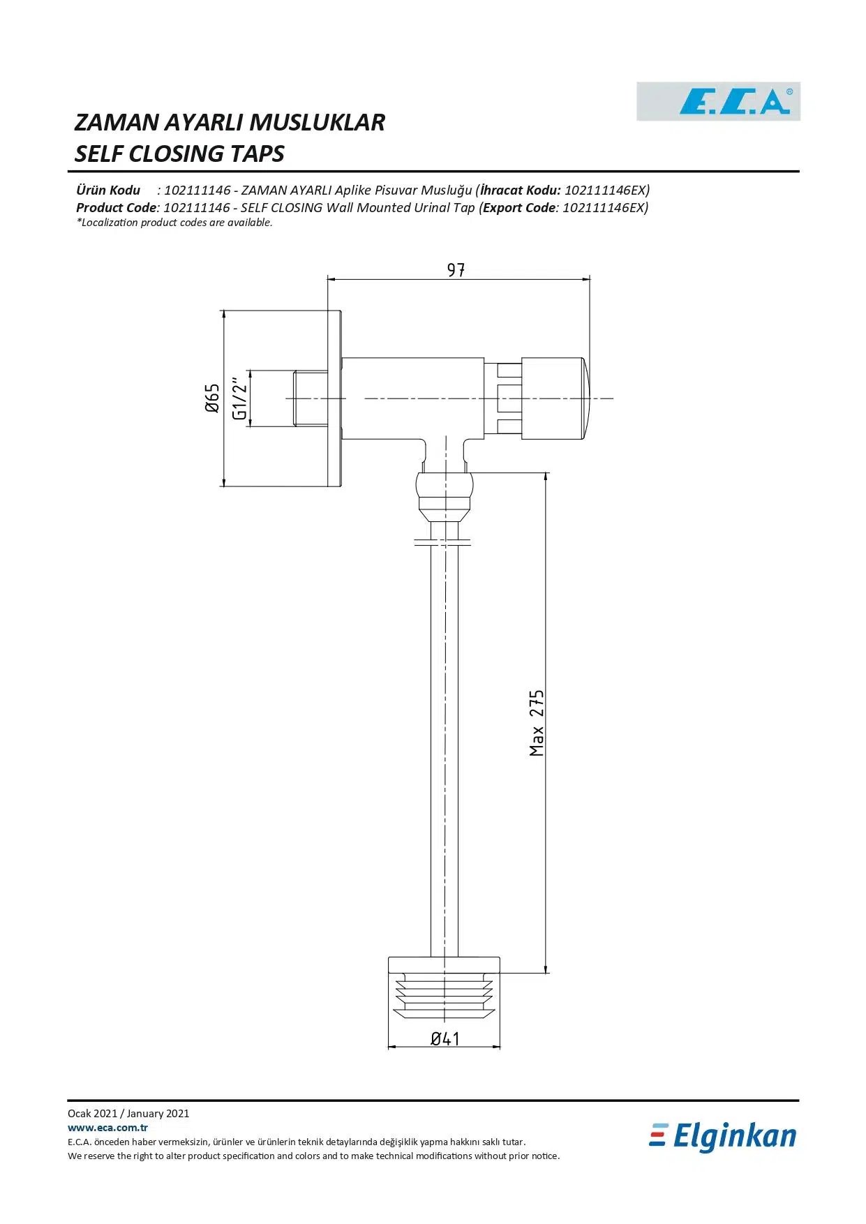 Eca Zaman Ayarlı Aplike Pisuvar Musluğu 102111146