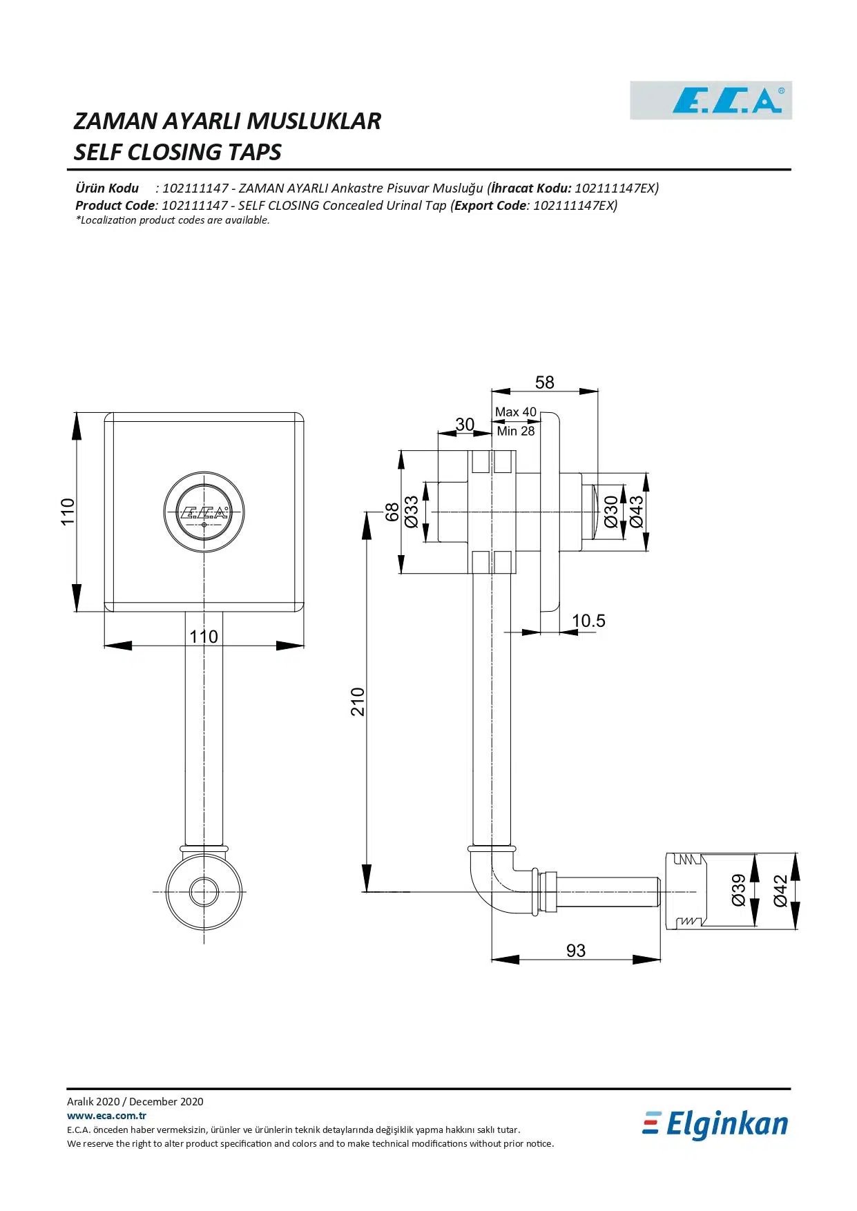Eca Zaman Ayarlı Ankastre Pisuvar Musluğu 102111147