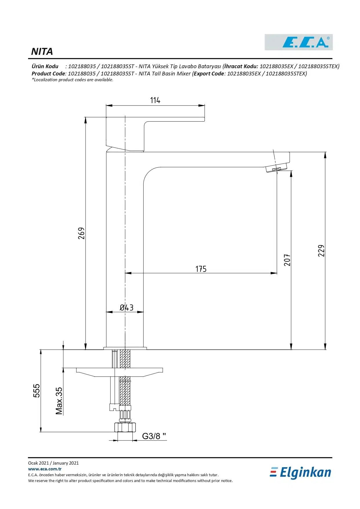 Eca Nita Yüksek Tip Lavabo Bataryası 102188035