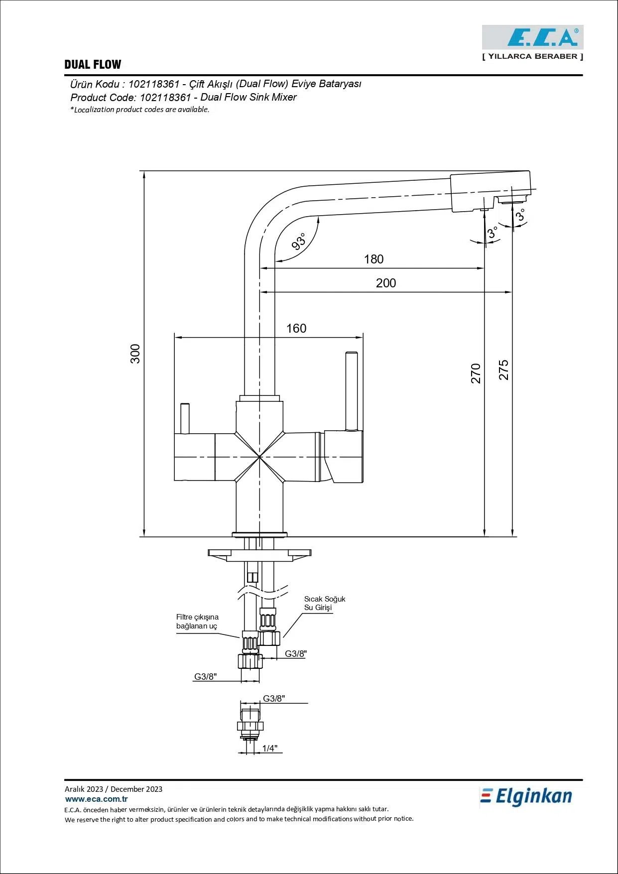 Eca Dual Flow Çift Akışlı Arıtmalı Mutfak Bataryası 102118361