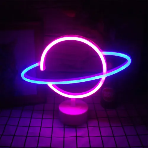Neon Işıklı Satürn Lamba (Pil + USB)